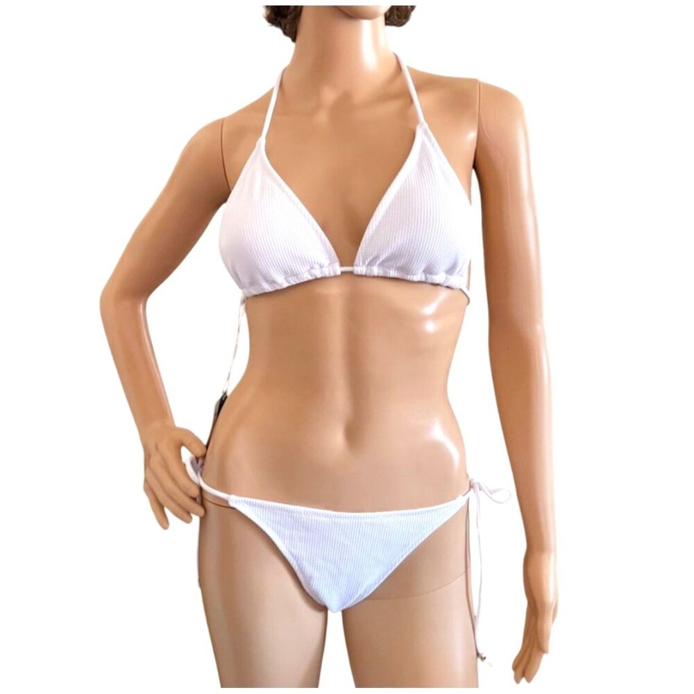 White Ribbed Triangle 2-piece Size Small Bikini Top and Bottoms Set by Mooslover